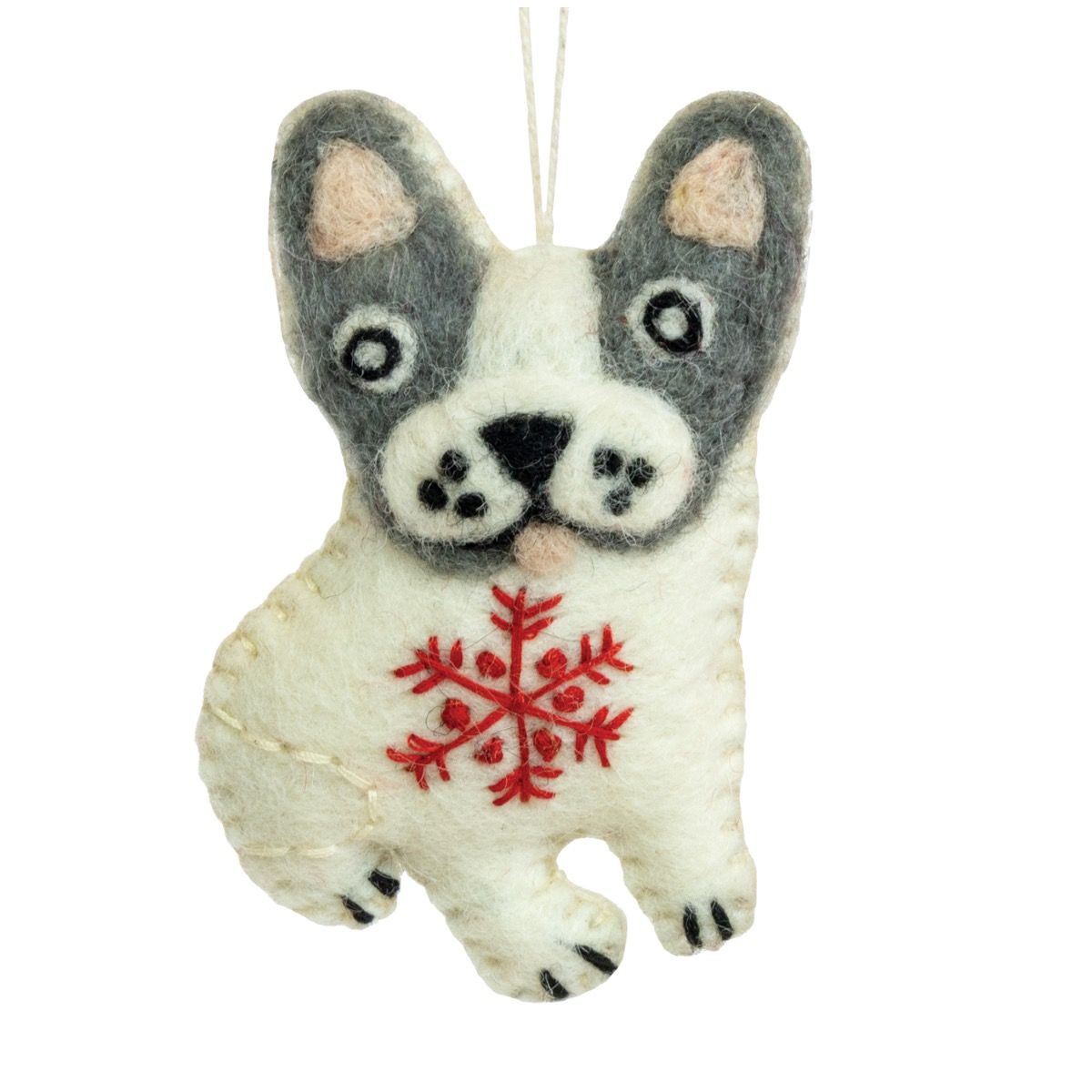 Handmade Wool Felt Snowflake Frenchie Ornament