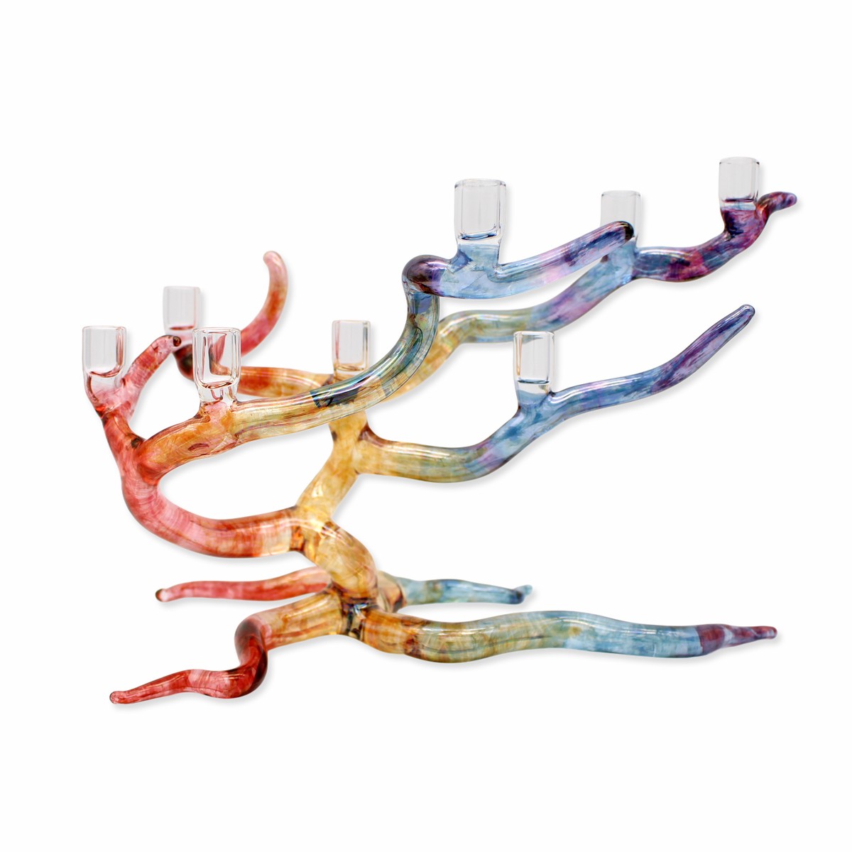 Windswept Rainbow Brushed Tree of Life Glass Menorah