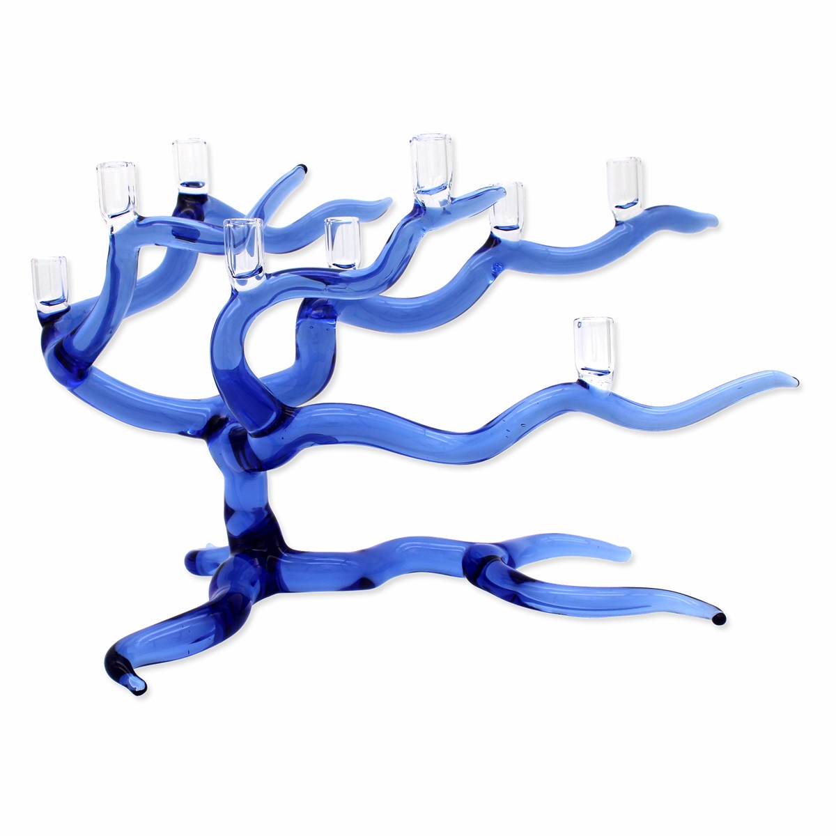 Windswept Tree of Life Glass Menorah in Cobalt Blue