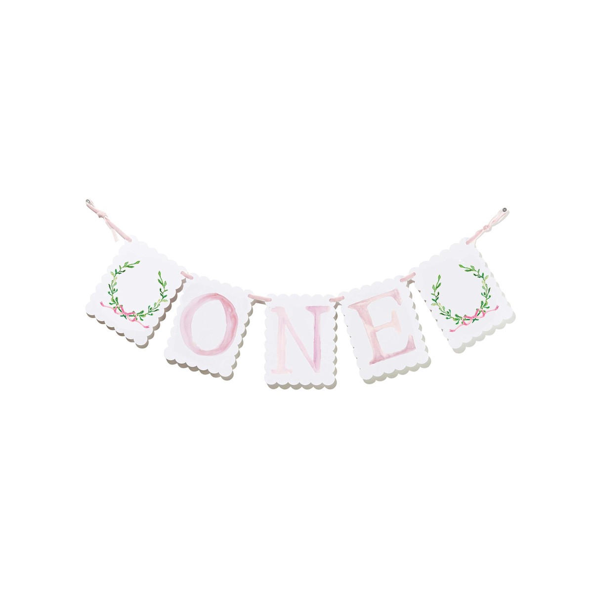 “ONE” Highchair Banner with Wreath with Pink Bow End Pieces