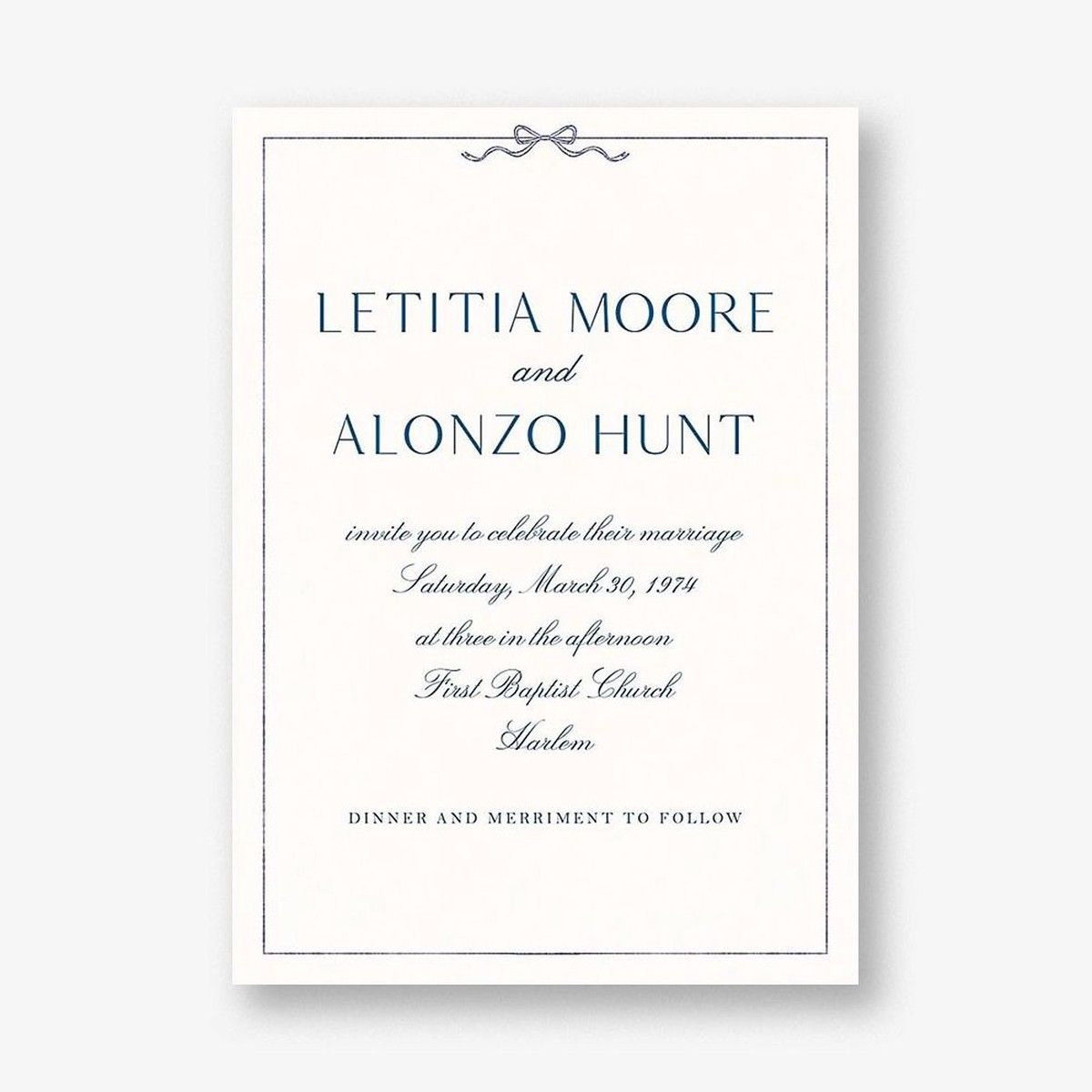 Bow Border Blue Wedding Invitation