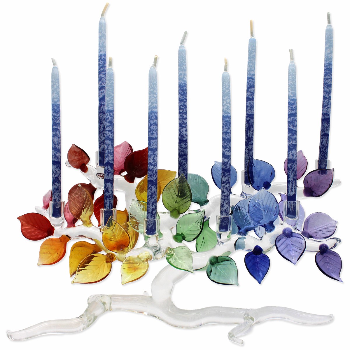 Glass Tree of Life Menorah, with Rainbow Leaves
