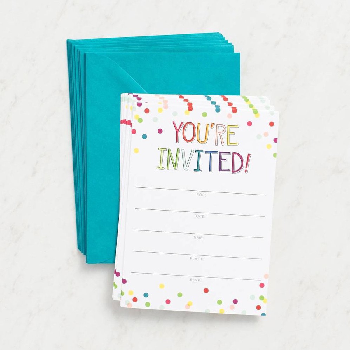 You’re Invited Rainbow Confetti Fill-In Invitations