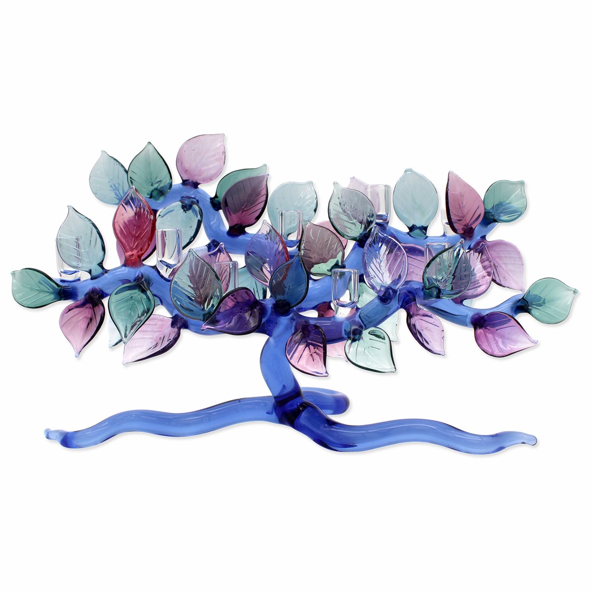 Glass Tree of Life Menorah, Cobalt Blue with Teal & Lavender Leaves