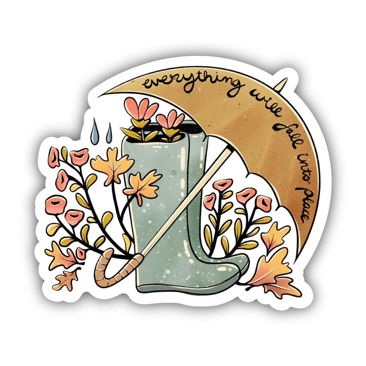 "Everything Will Fall Into Place" Umbrella and Boots Autumn Sticker