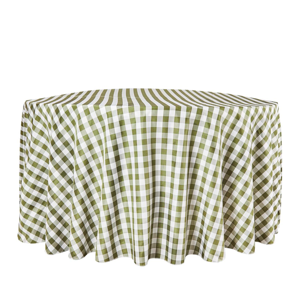Gingham Checkered Polyester 120" Round Tablecloth - Olive Green & White