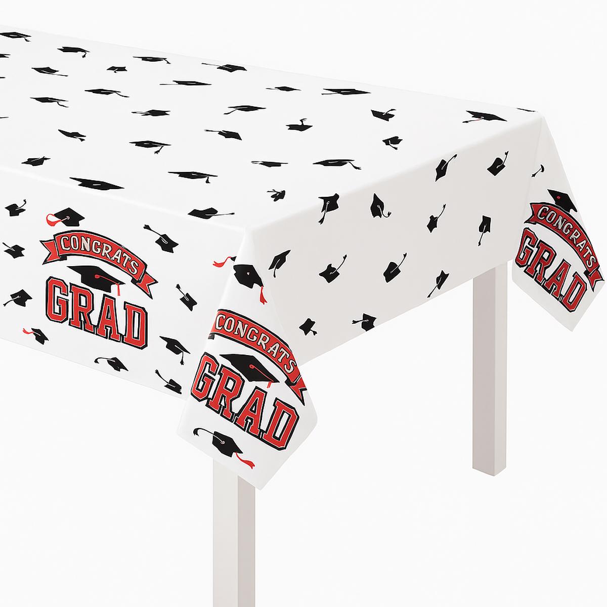 "Congrats Grad" Red Plastic Reusable Graduation Table Cover - 54x84 in