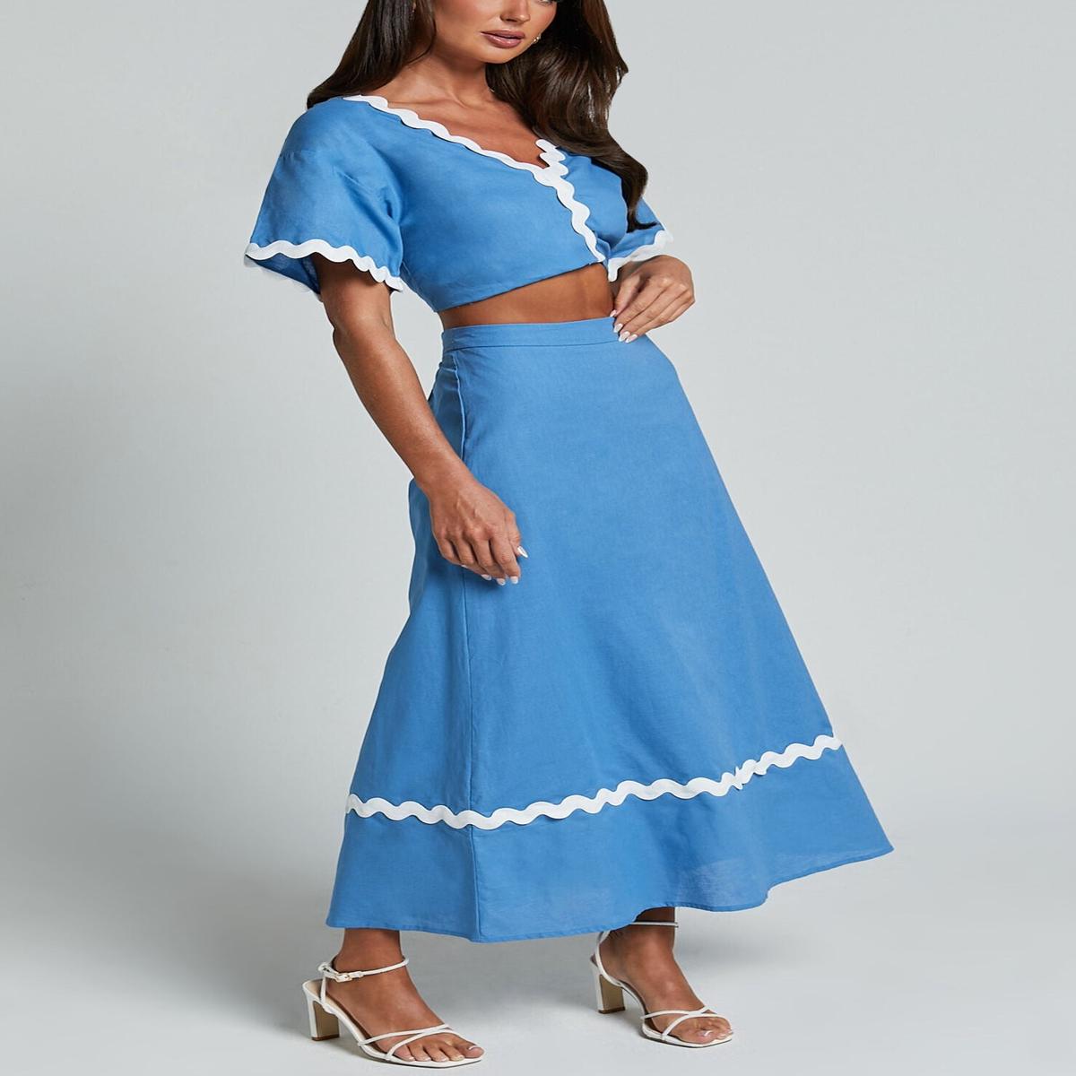Blythe Two Piece Set - Short Sleeve with Wave Hem A Line Skirt Set in Blue