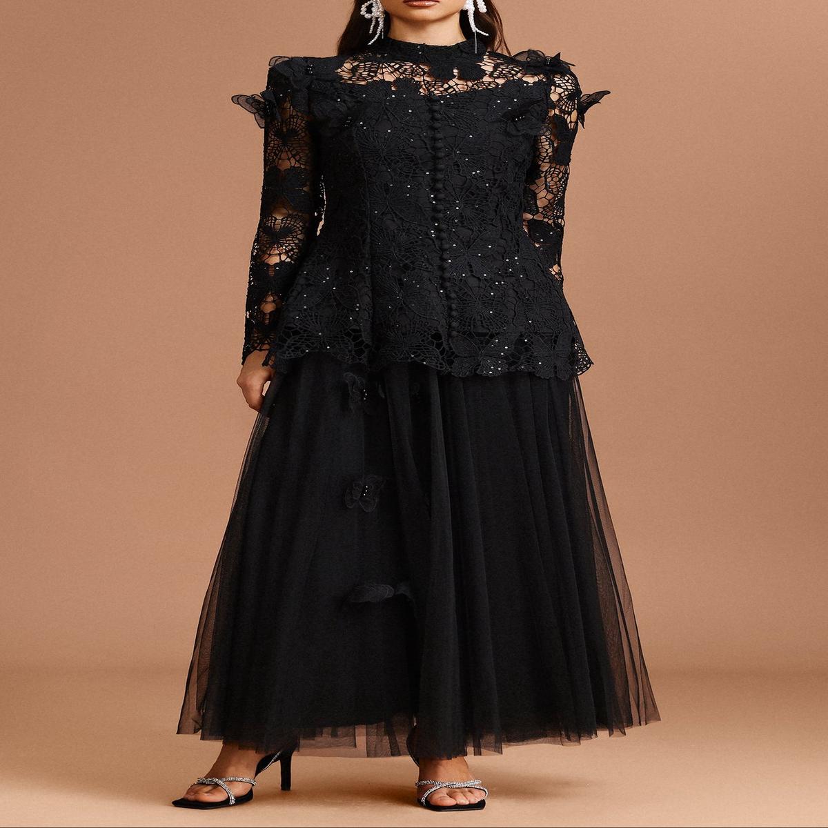 yvette black Long Sleeve Folds Lace Butterfly Top And Skirt Two-Piece Set