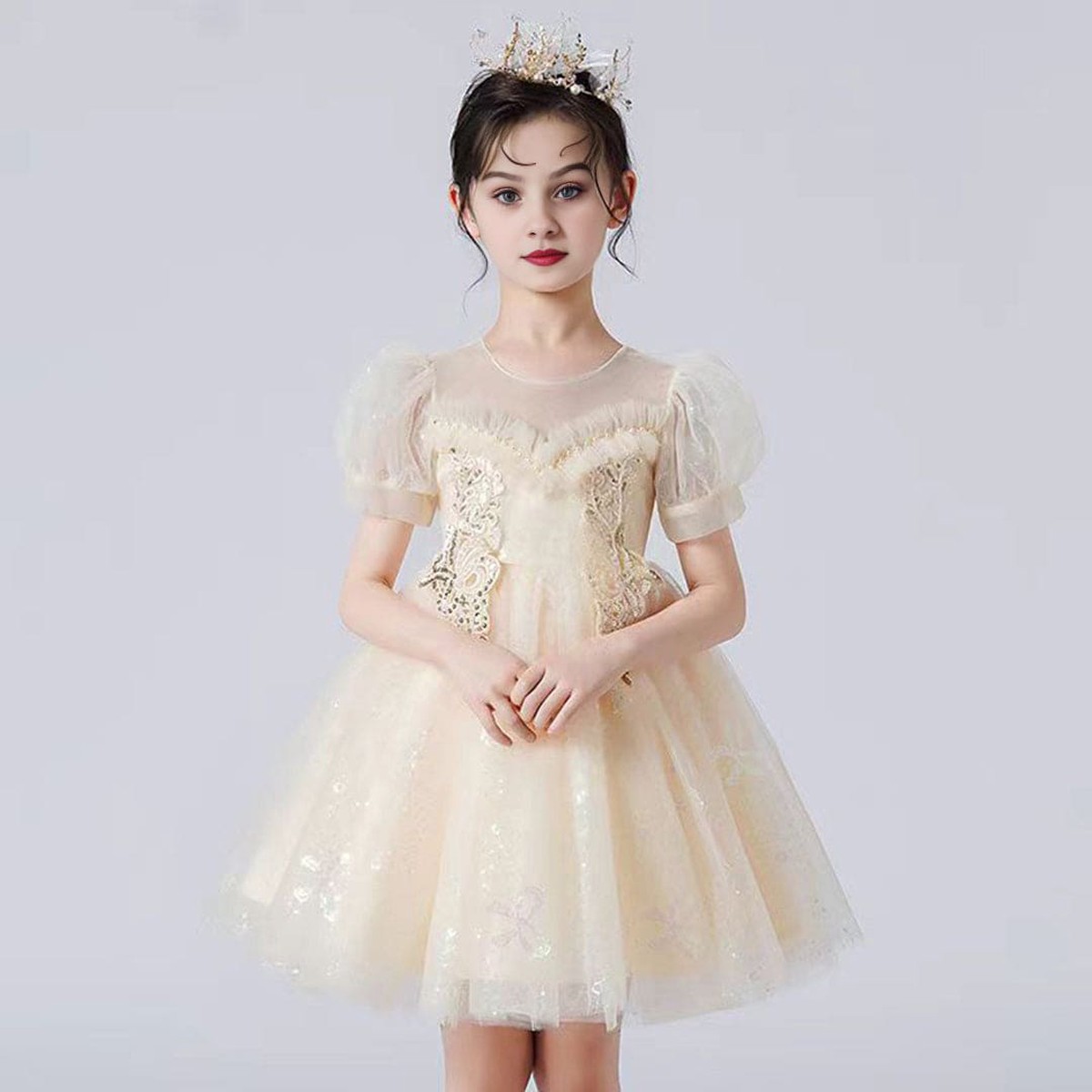 Girls Beige Sweetheart Neck Princess Partywear Dress