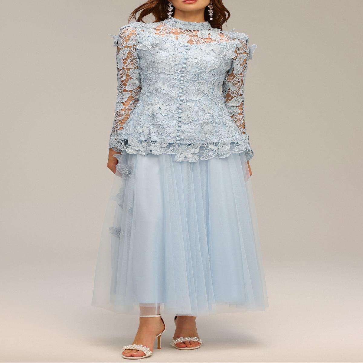 yvette blue Long Sleeve Folds Lace Butterfly Top And Skirt Two-Piece Set